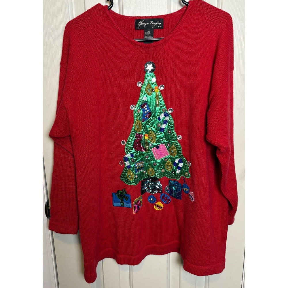 Vintage Gladys Bagley Embellished Christmas Cardigan Sweater Size L